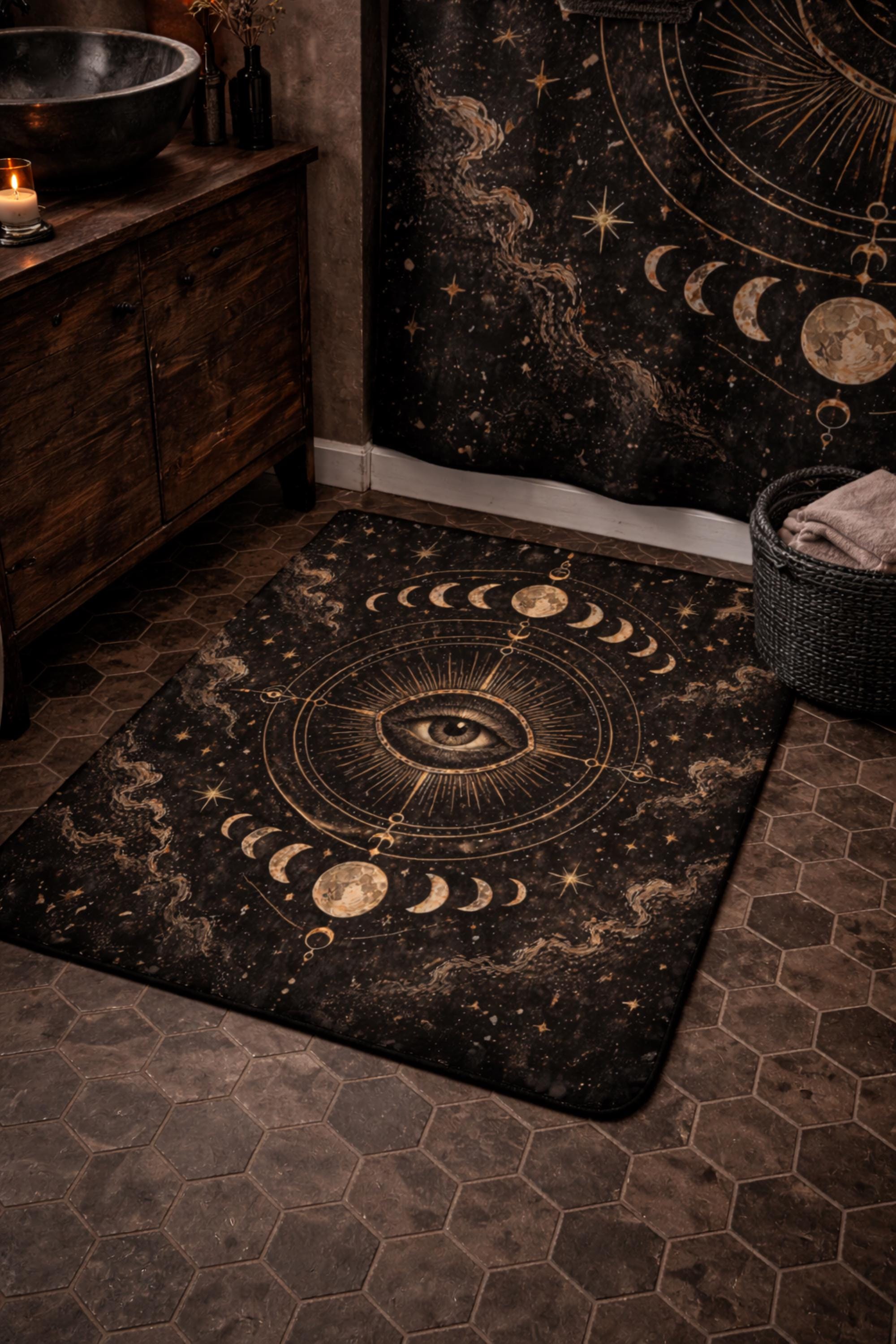 Gothic celestial  bath mat set with all seeing eye crescent moons and ornate black gold witchy bathroom decor