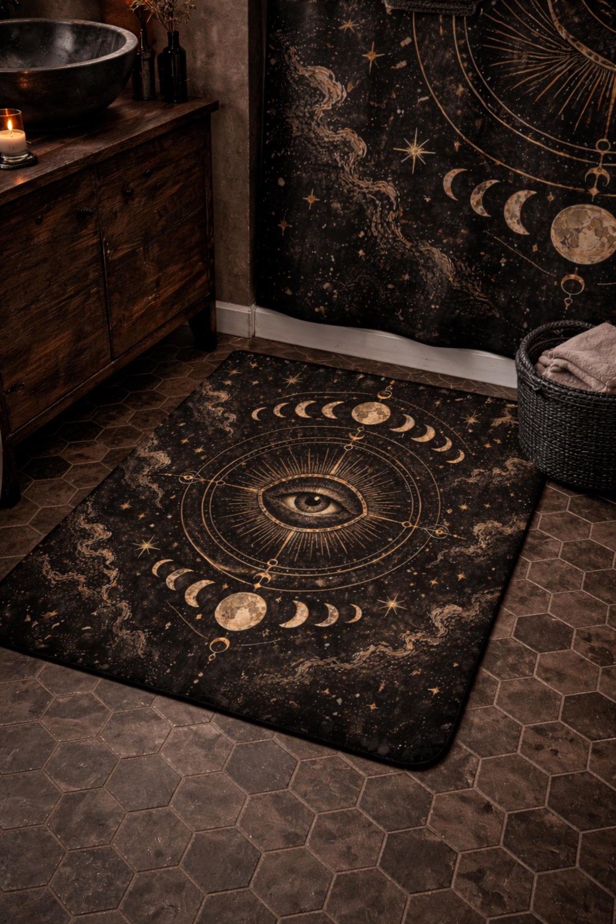 Gothic celestial  bath mat set with all seeing eye crescent moons and ornate black gold witchy bathroom decor