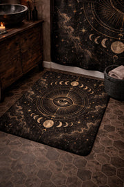 Gothic celestial  bath mat set with all seeing eye crescent moons and ornate black gold witchy bathroom decor