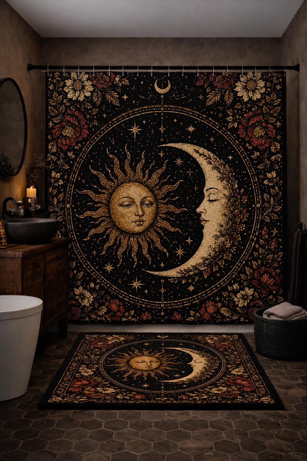 Celestial sun and moon shower curtain and bath mat set with floral border black gold witchy bathroom decor