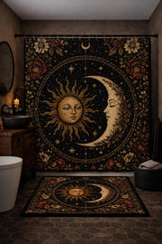 Celestial sun and moon shower curtain and bath mat set with floral border black gold witchy bathroom decor