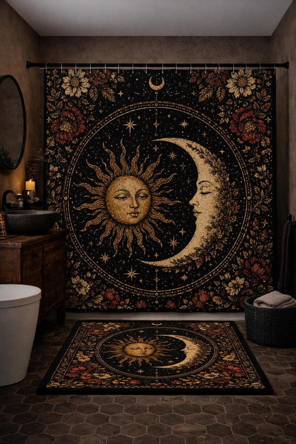 Celestial sun and moon shower curtain and bath mat set with floral border black gold witchy bathroom decor