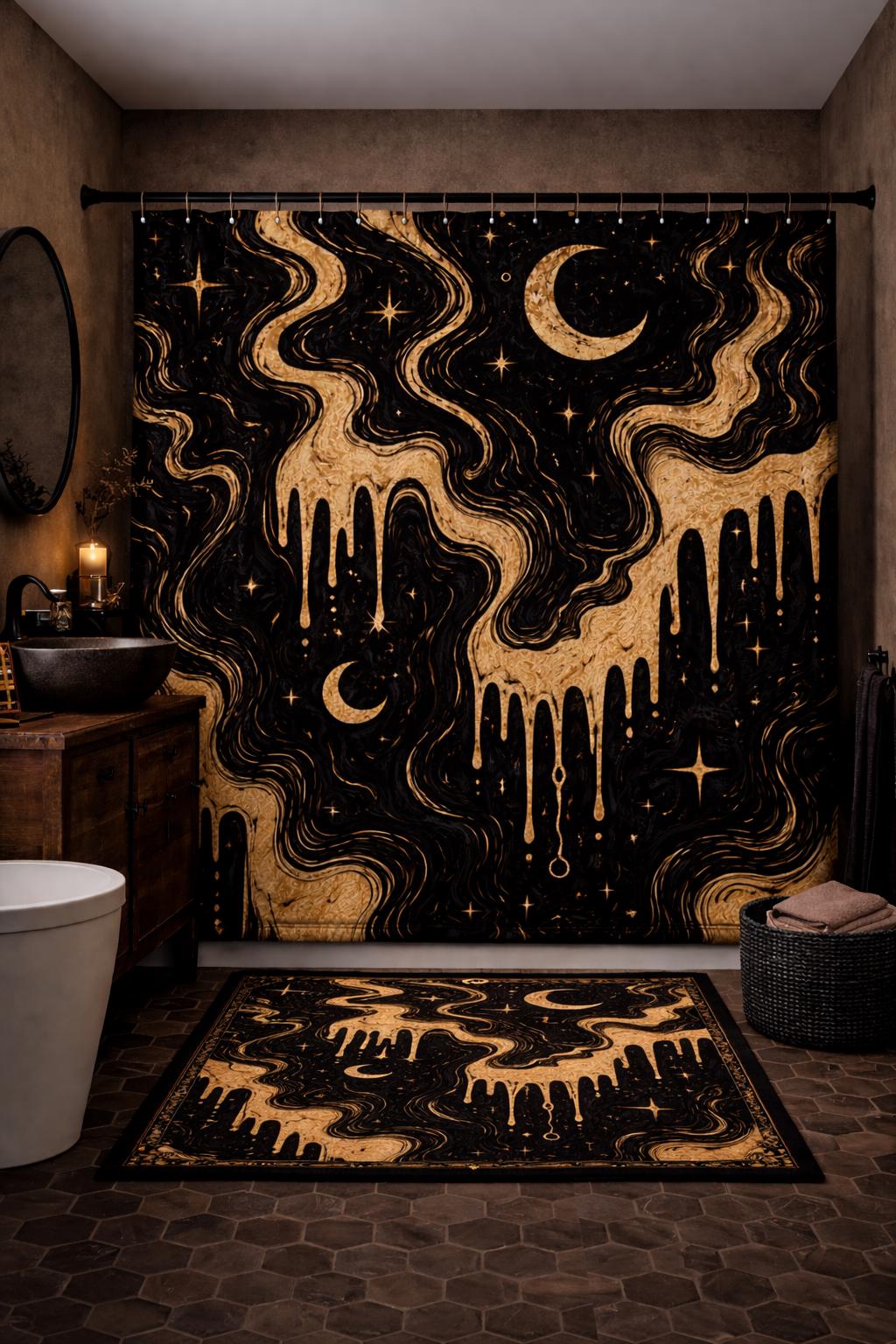 Gothic Marble abstract shower curtain and bath mat set with black and gold dripping design crescent moon and star witchy bathroom decor