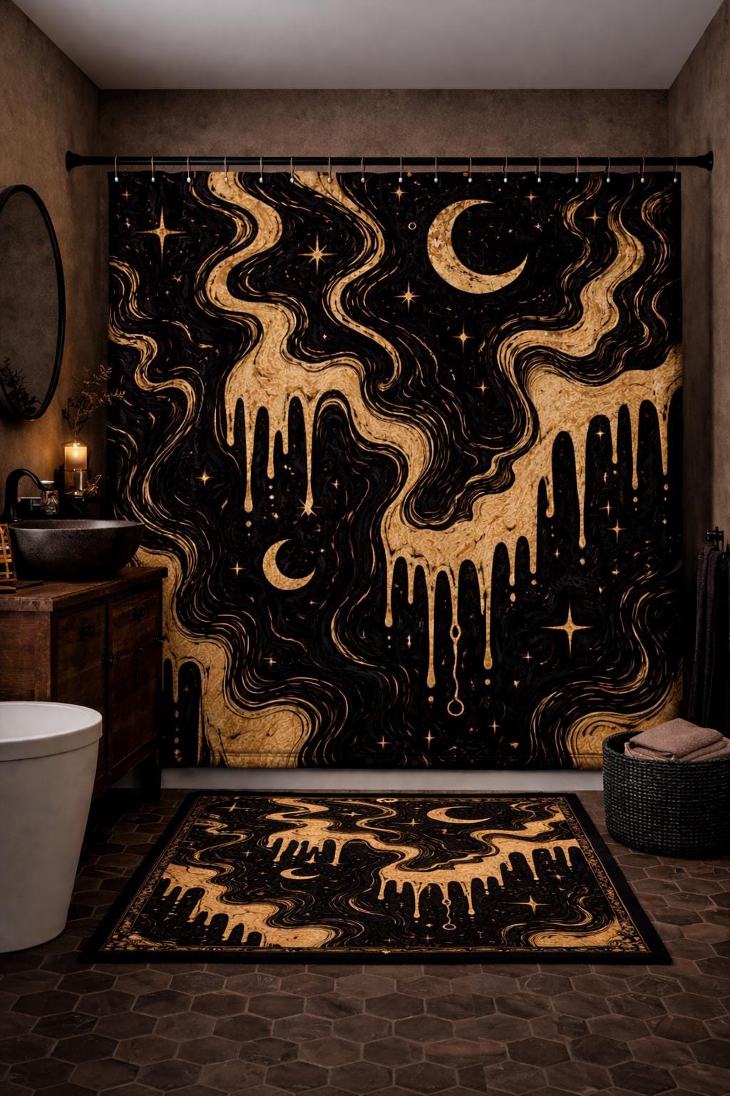 Gothic Marble abstract shower curtain and bath mat set with black and gold dripping design crescent moon and star witchy bathroom decor