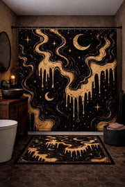 Gothic Marble abstract shower curtain and bath mat set with black and gold dripping design crescent moon and star witchy bathroom decor