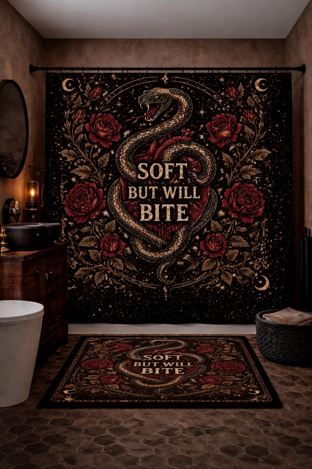 Gothic snake shower curtain and bath mat set with red roses and “Soft But Will Bite” text