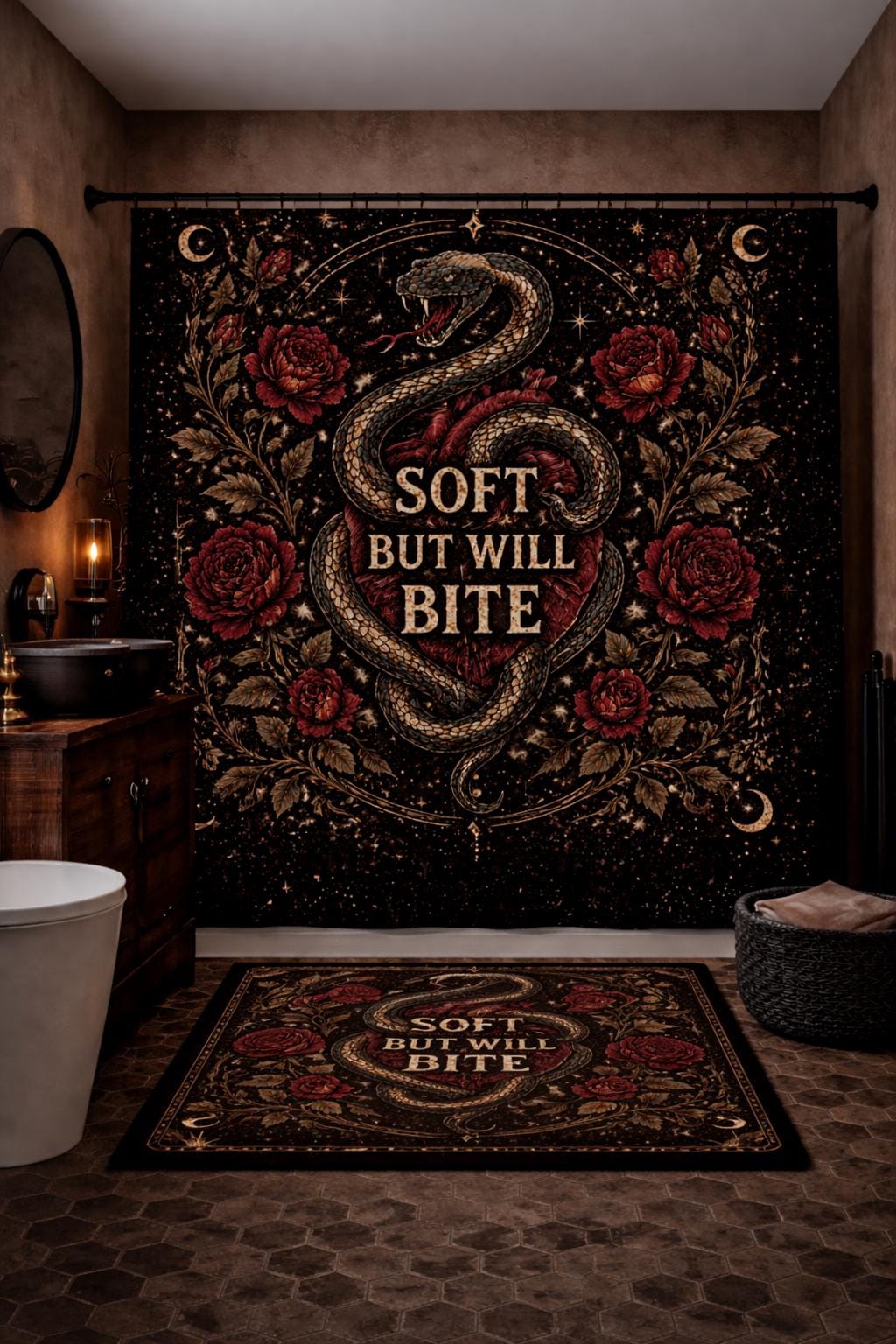 Gothic snake shower curtain and bath mat set with red roses and “Soft But Will Bite” text