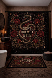 Gothic snake shower curtain and bath mat set with red roses and “Soft But Will Bite” text