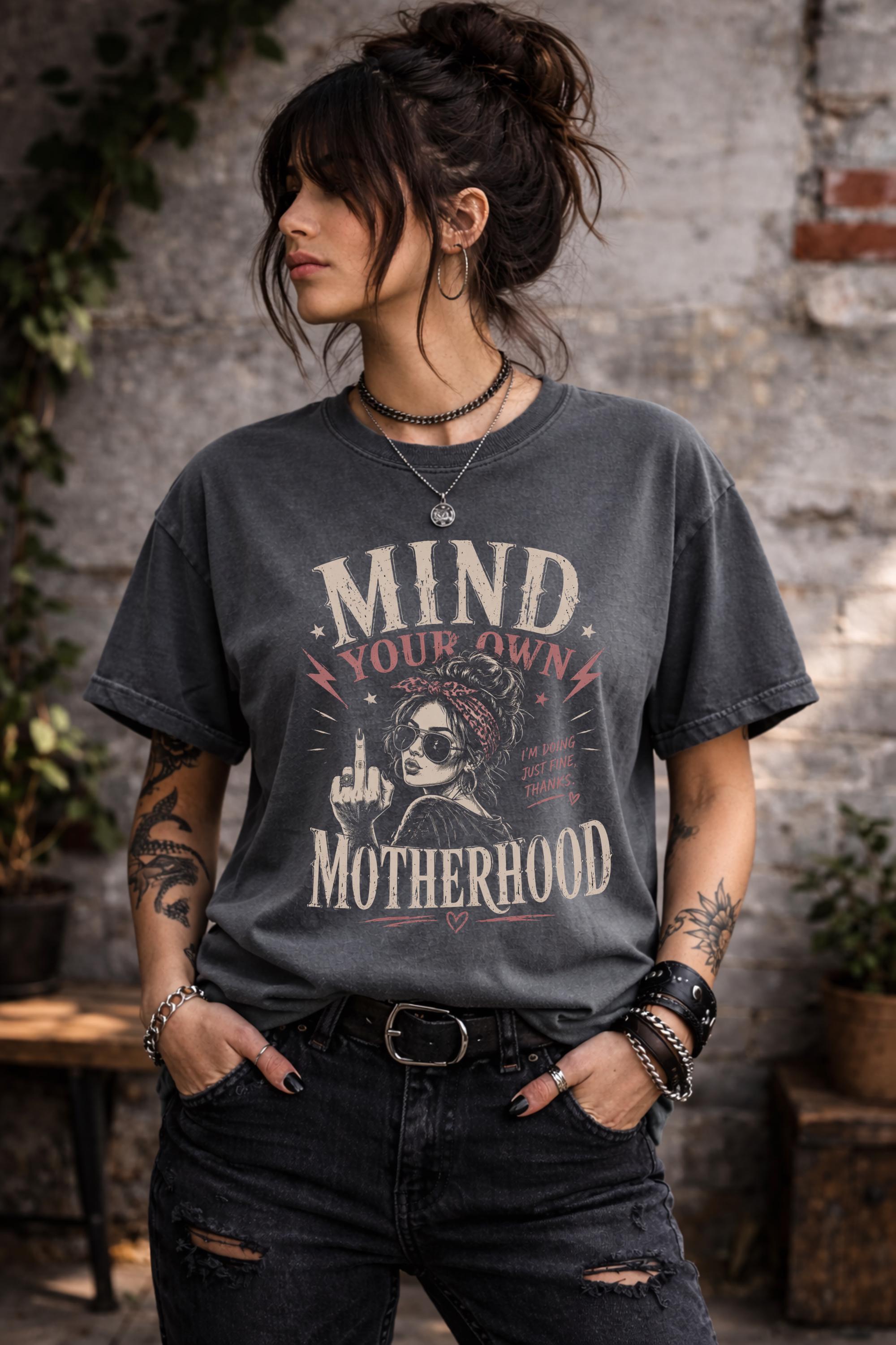 Edgy mom outfit with black graphic tee and ripped jeans lifestyle mockup