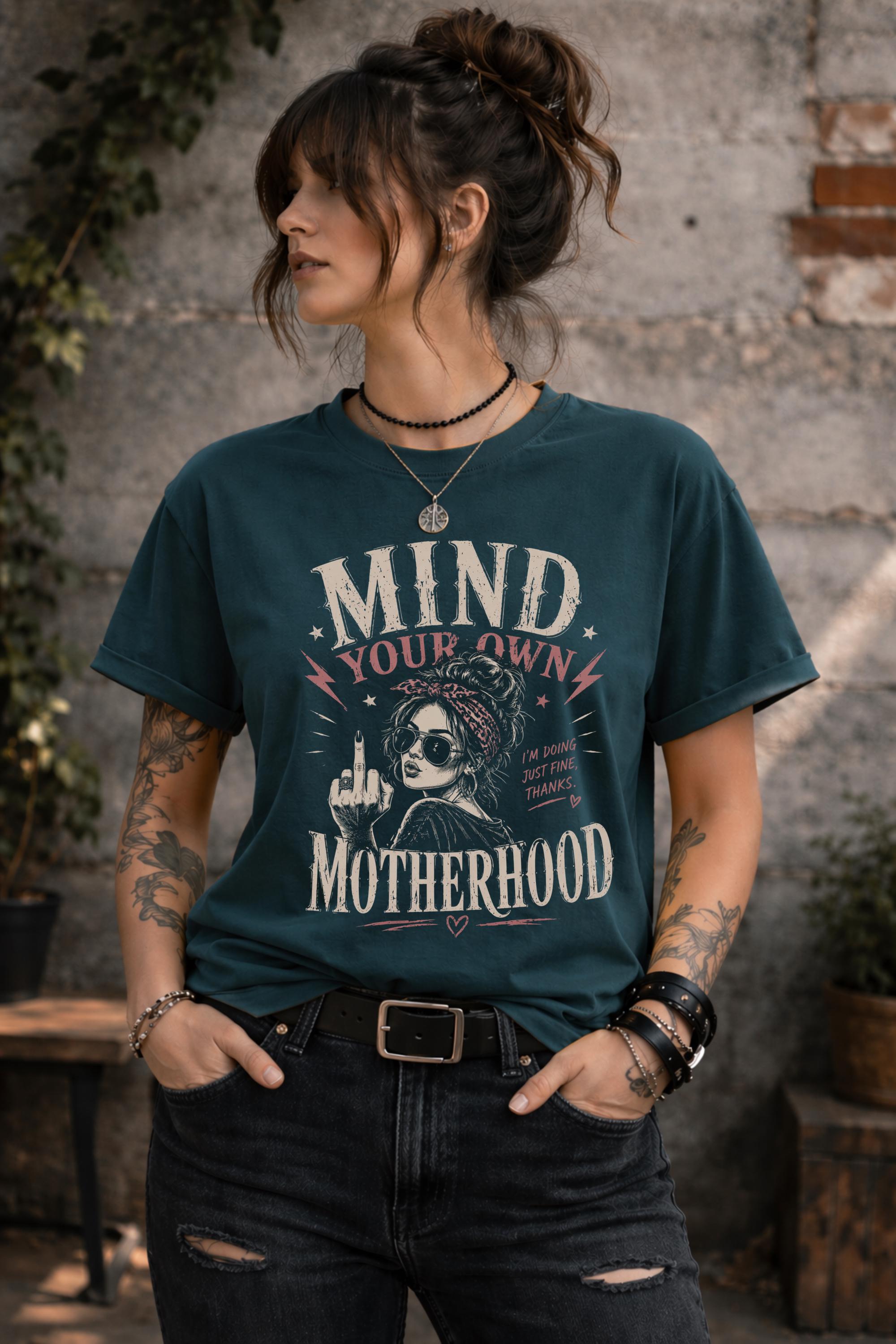 Edgy mom outfit with black graphic tee and ripped jeans lifestyle mockup