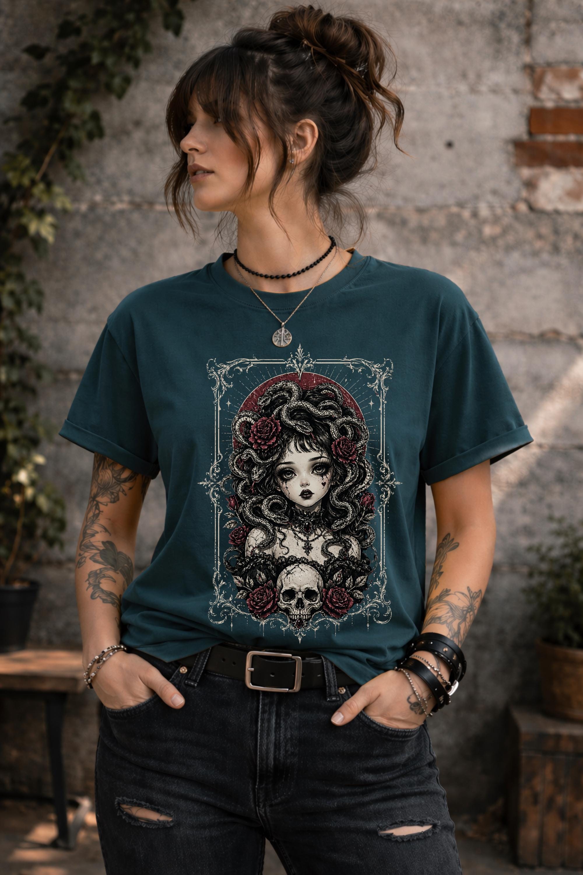 Dark academia outfit with edgy medusa graphic tee and black jeans lifestyle mockup