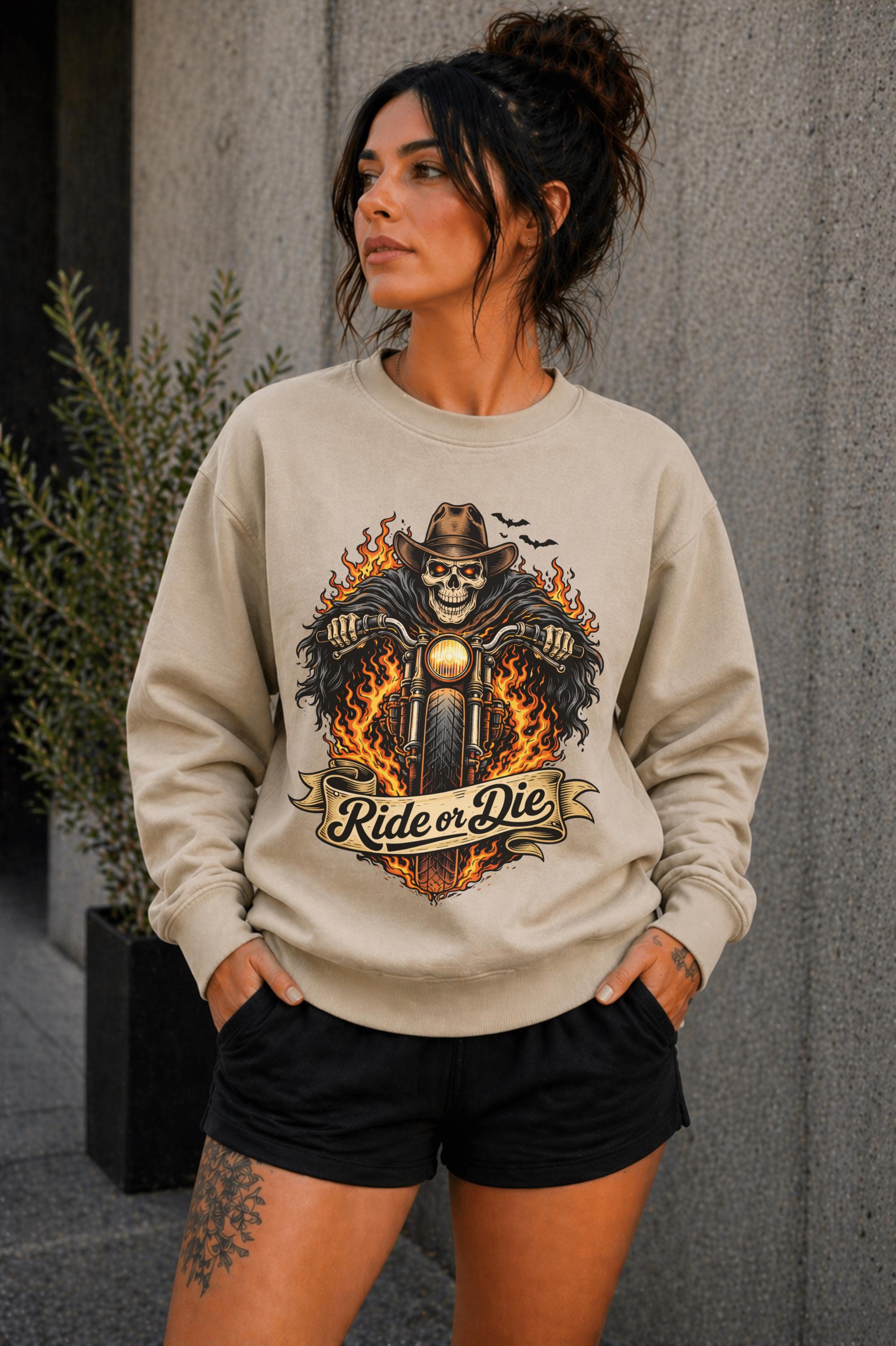 Woman wearing navy biker graphic shirt with skull motorcycle ride or die design
