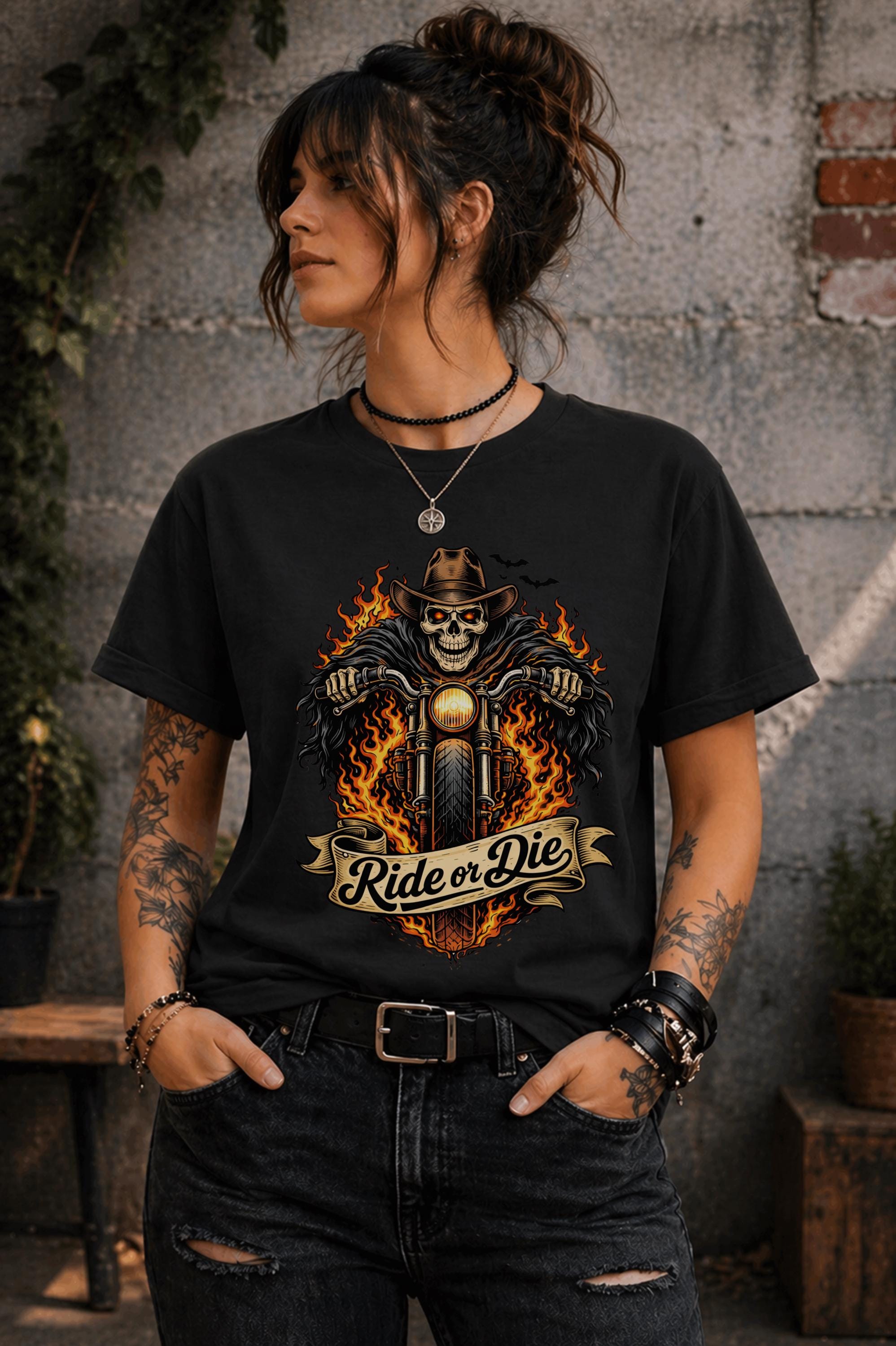 Woman wearing navy blue graphic t-shirt featuring flaming skull riding motorcycle with “Ride or Die” text, edgy biker style outfit with dark aesthetic and grunge fashion vibe