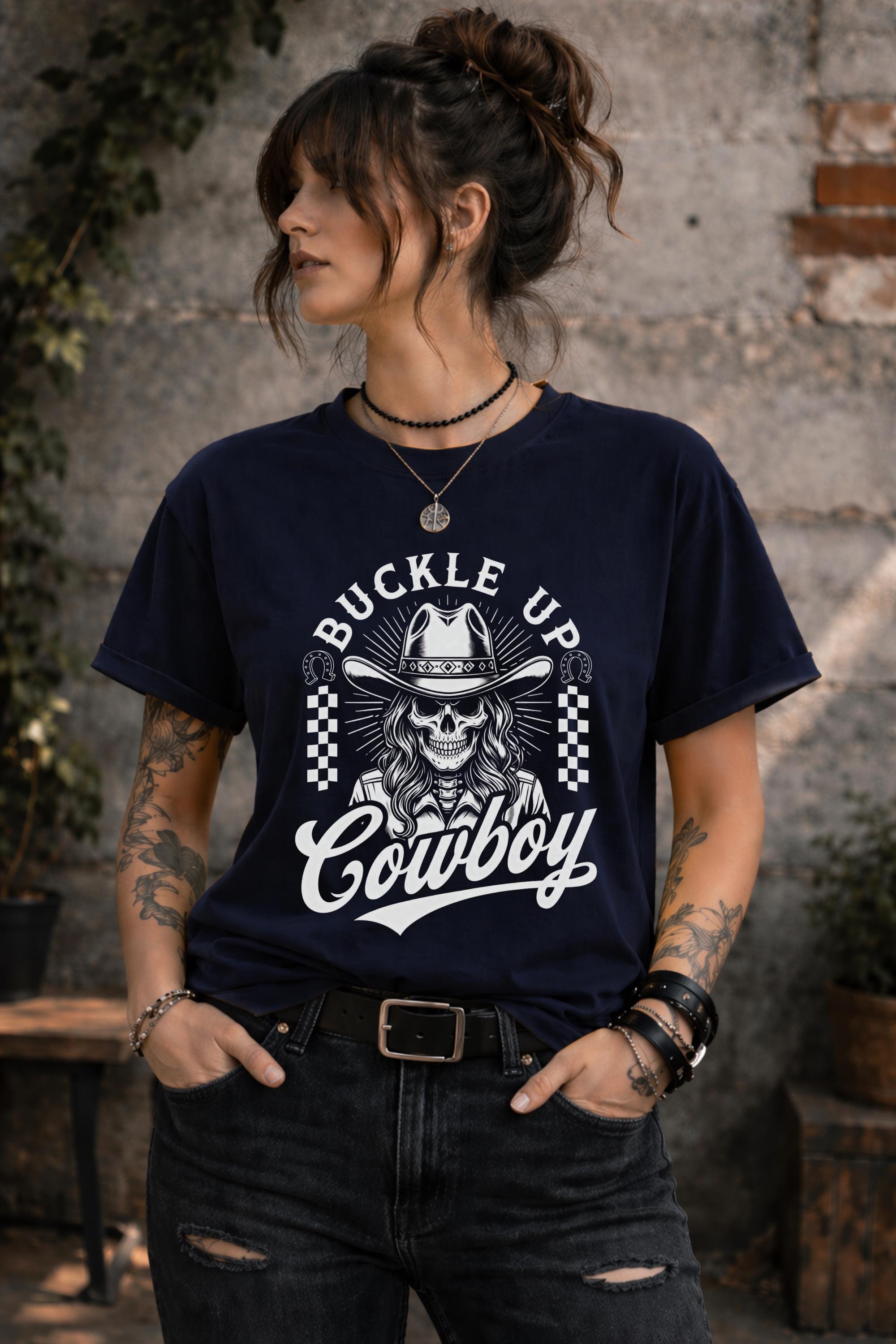 Edgy western outfit with skull cowboy shirt and ripped jeans lifestyle mockup