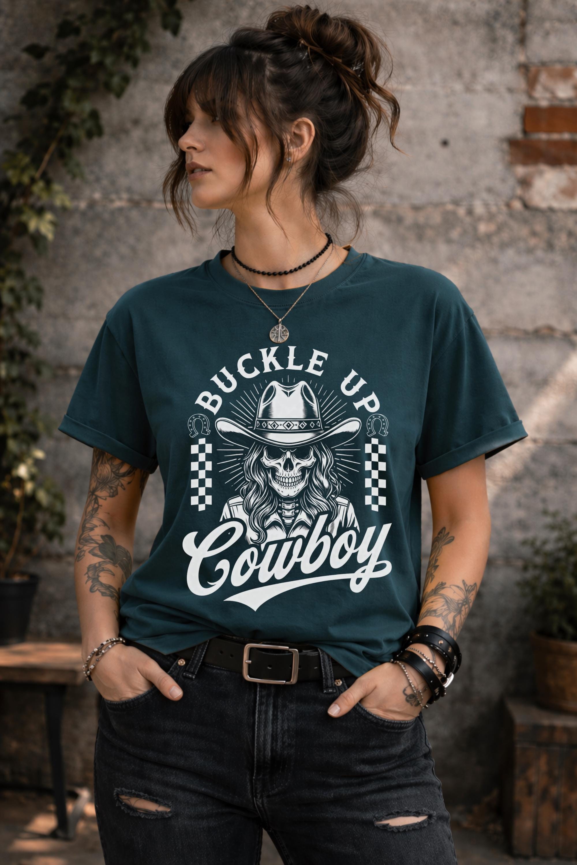 Country style graphic tee with outlaw cowboy skull design unisex shirt