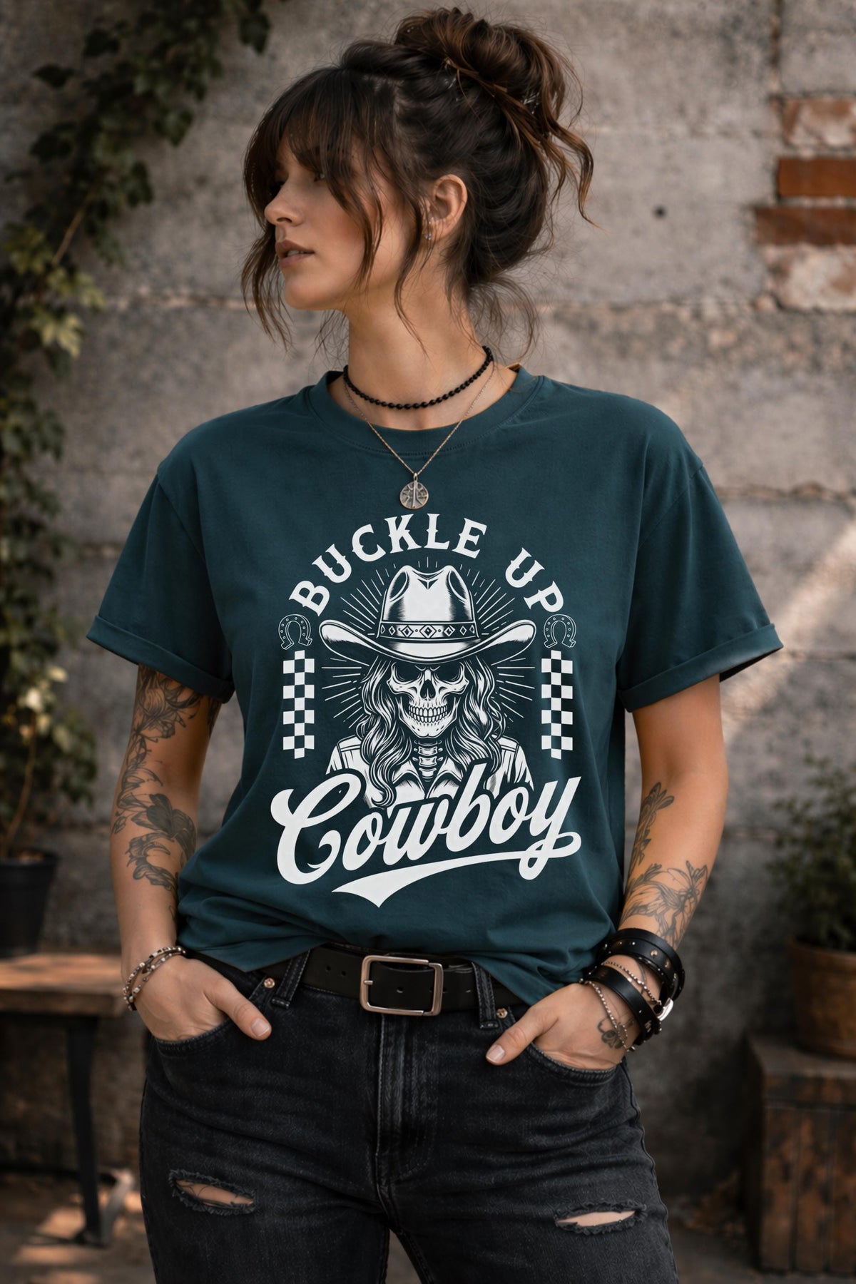 Country style graphic tee with outlaw cowboy skull design unisex shirt