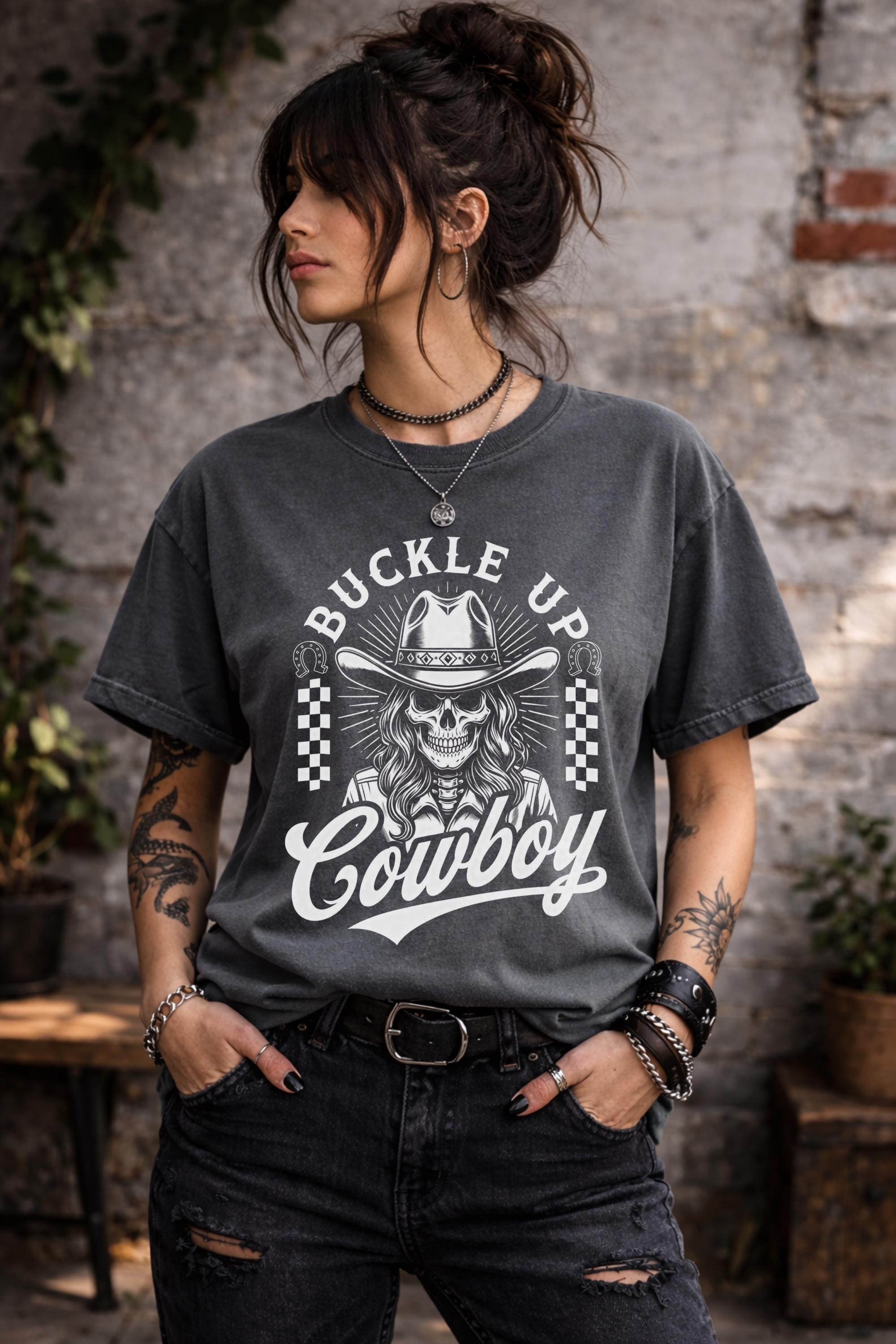 Dark western aesthetic shirt with buckle up cowboy slogan and vintage design