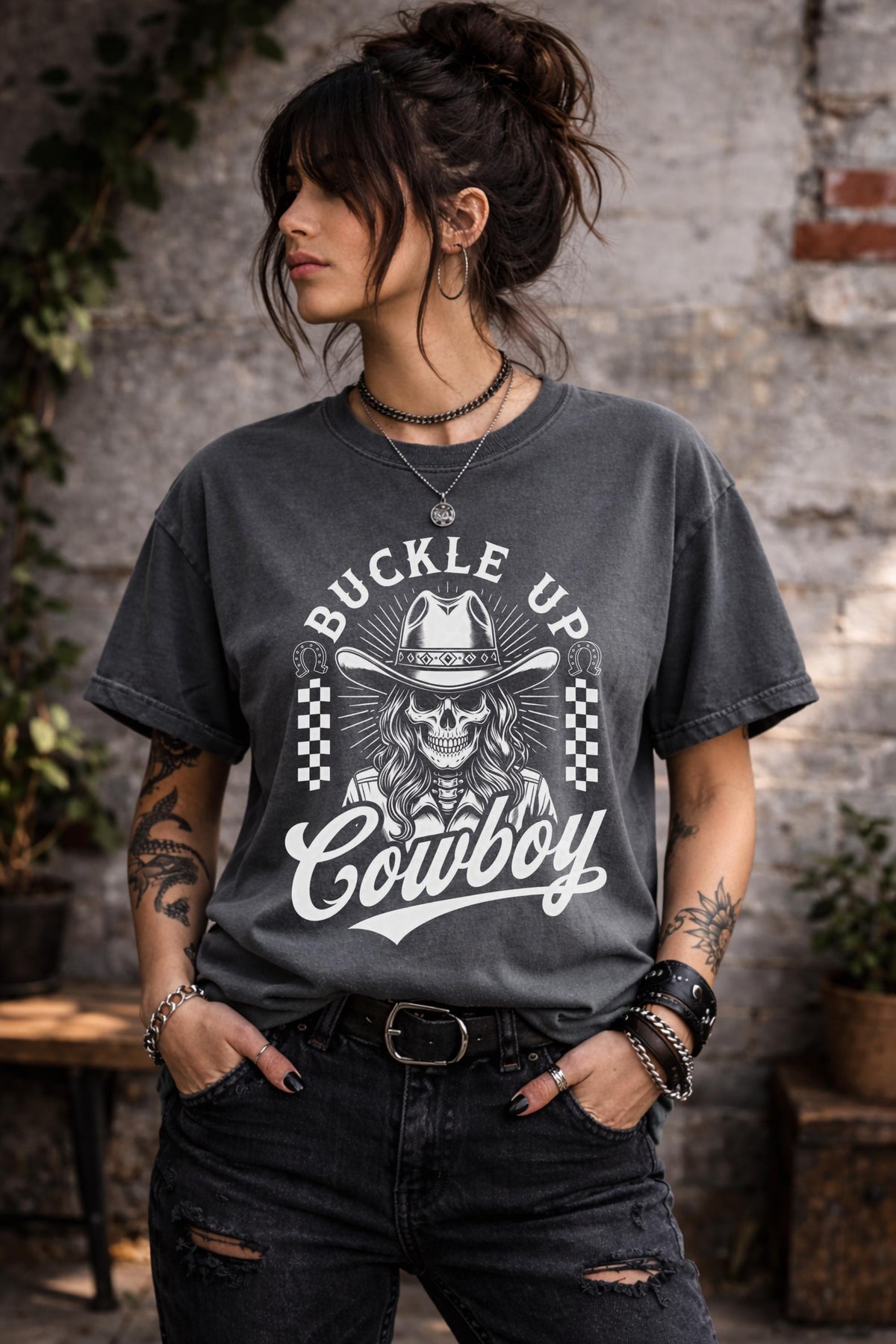 Dark western aesthetic shirt with buckle up cowboy slogan and vintage design