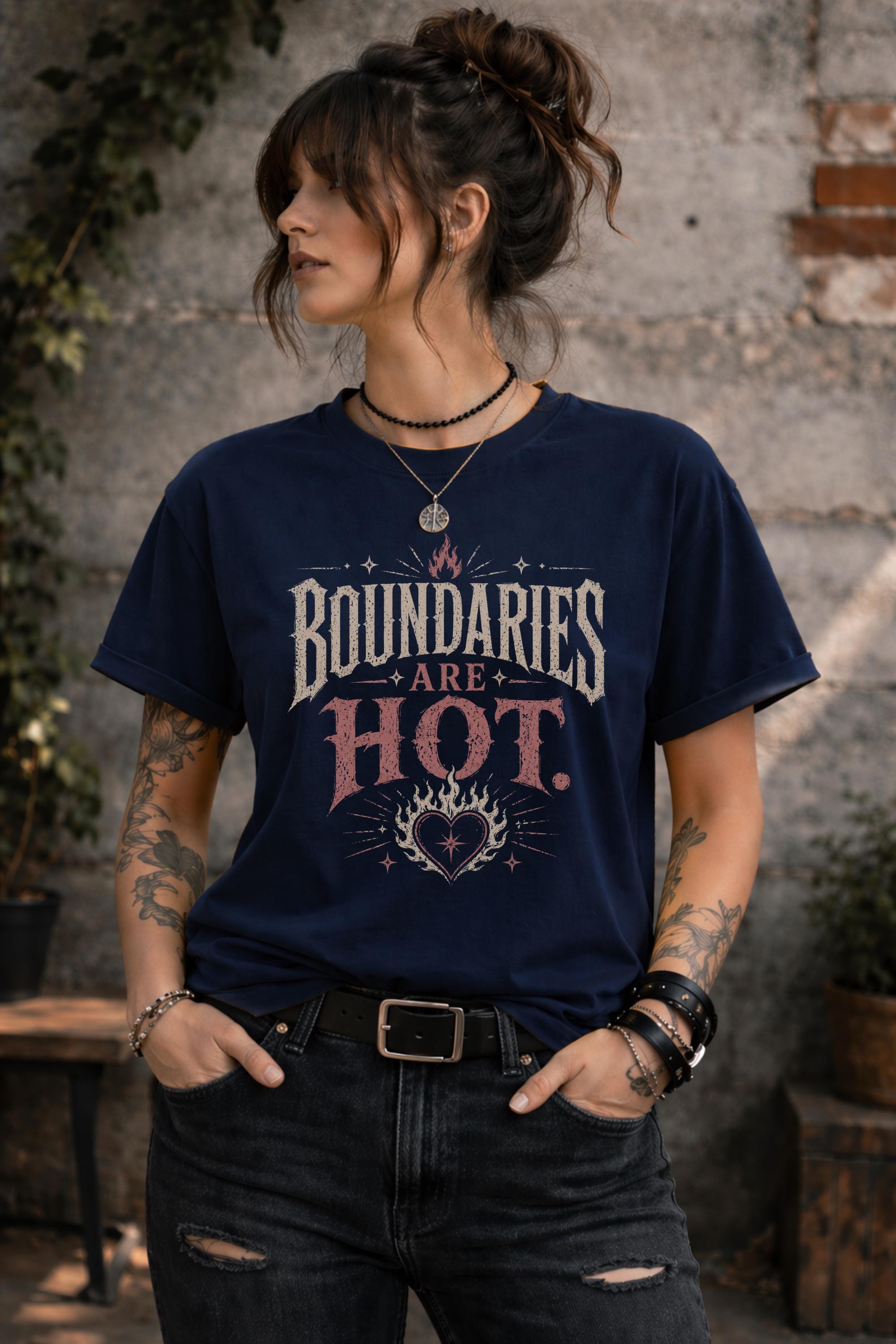 Boundaries Are Hot graphic tee worn by woman on beach, self love shirt with vintage style design