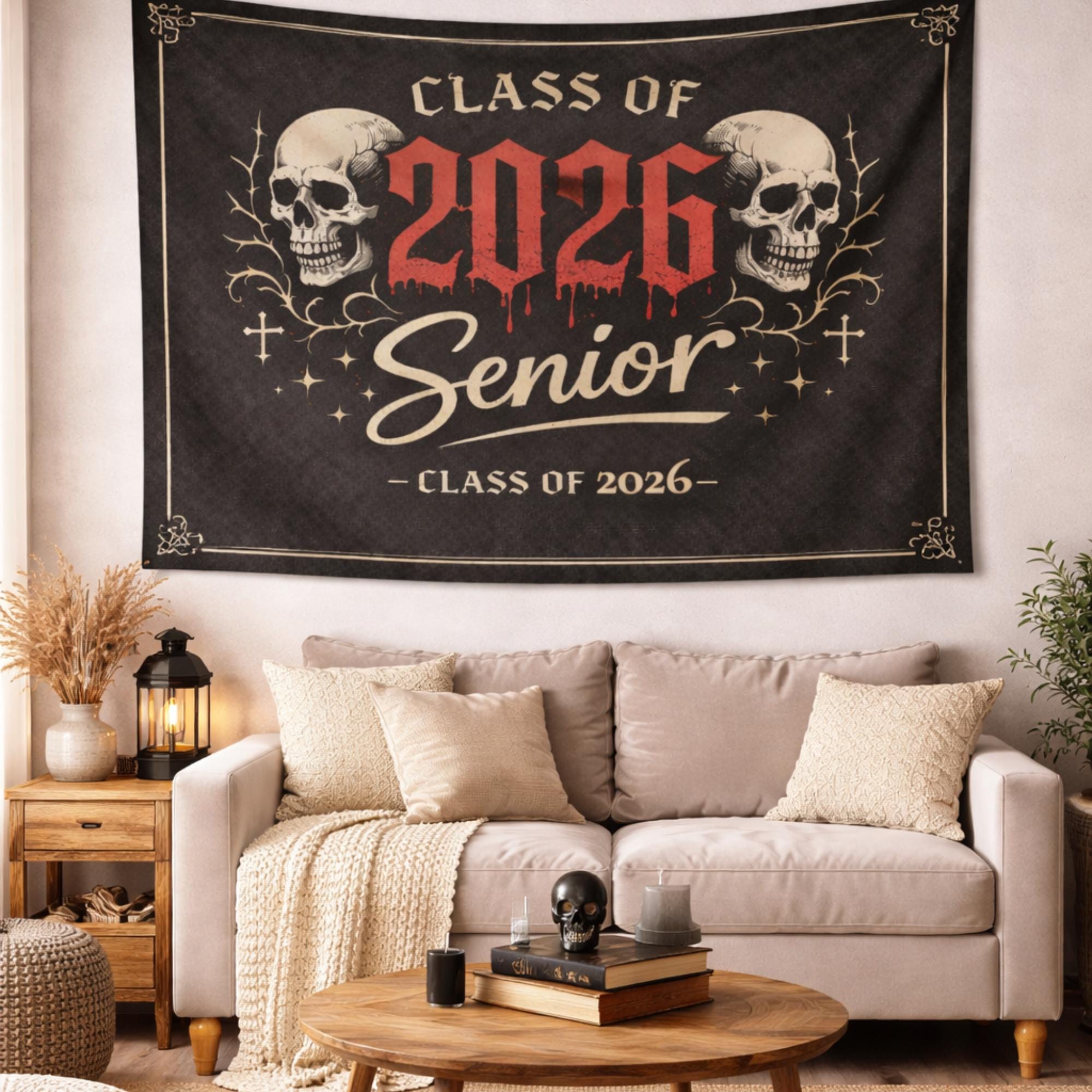Graduation tapestry banner Class of 2026 with custom year, gothic class design displayed as wall decor in home with multiple size options