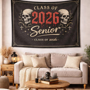 Graduation tapestry banner Class of 2026 with custom year, gothic class design displayed as wall decor in home with multiple size options