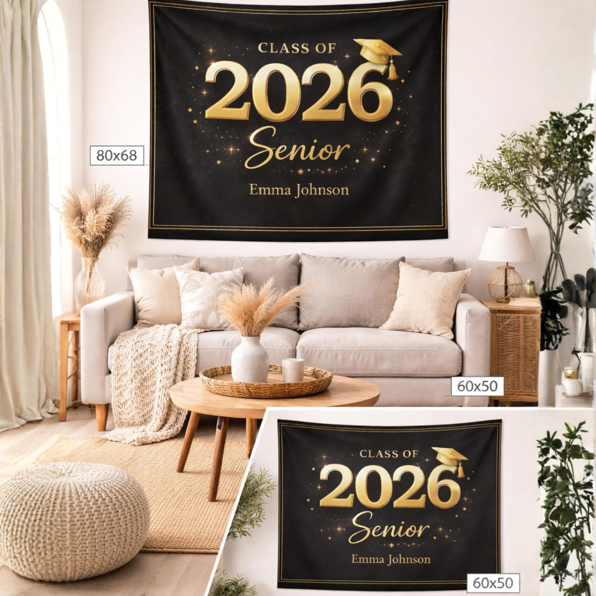 Class of 2026 graduation banner tapestry in black and gold displayed in a modern living room, featuring two size options 80x68 and 60x50 with personalized name design for senior decor
