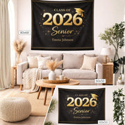 Class of 2026 graduation banner tapestry in black and gold displayed in a modern living room, featuring two size options 80x68 and 60x50 with personalized name design for senior decor