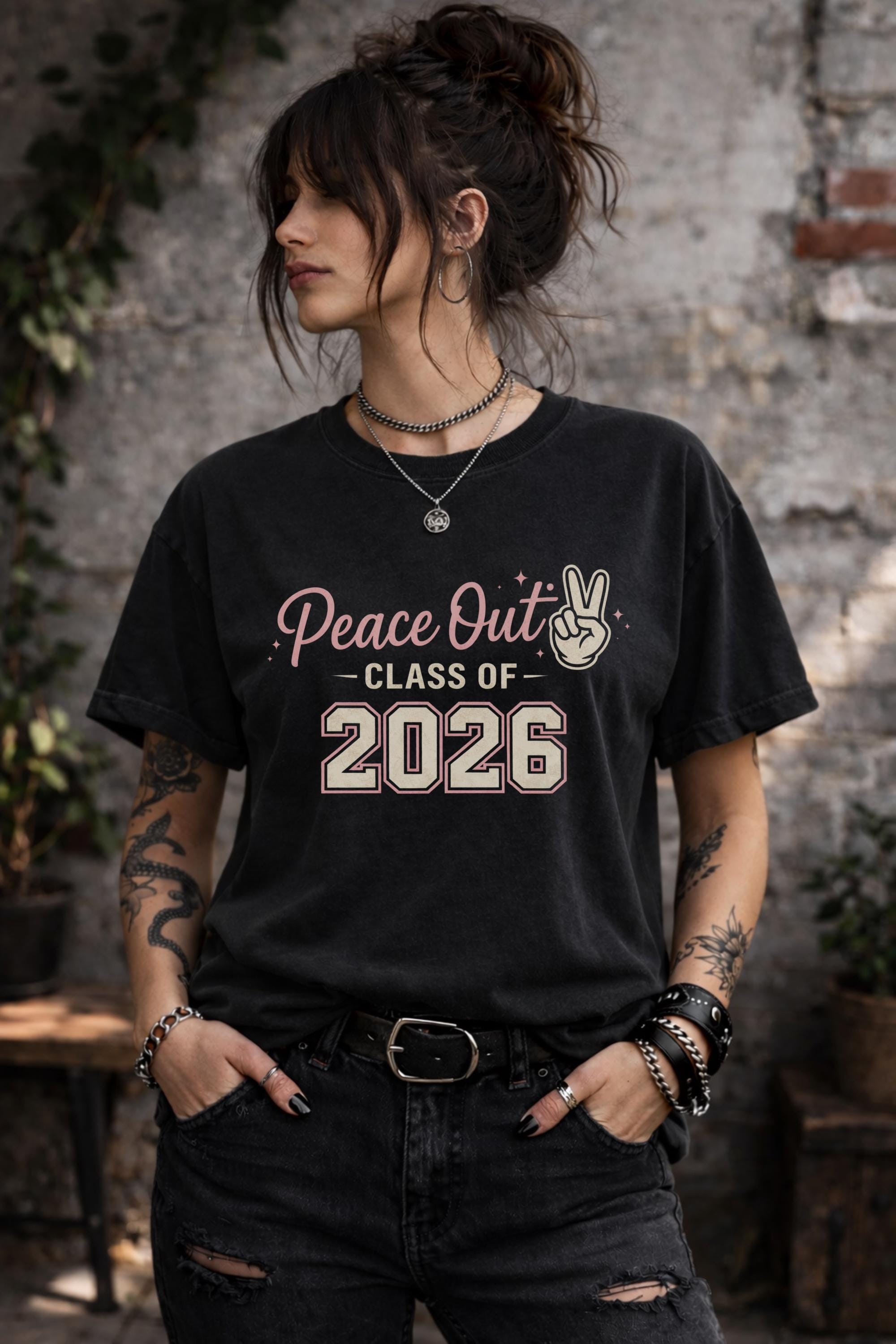 Black peace out Class of 2026 shirt with pink lettering and hand peace sign graphic fun graduation outfit trendy teen style