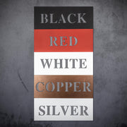 Gothic metal wall decor with til death couple design and custom names displayed above a rustic console with candles and skull accents, comes in black, red, white, copper, silver.