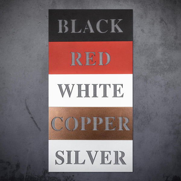 Gothic metal wall decor with til death couple design and custom names displayed above a rustic console with candles and skull accents, comes in black, red, white, copper, silver.