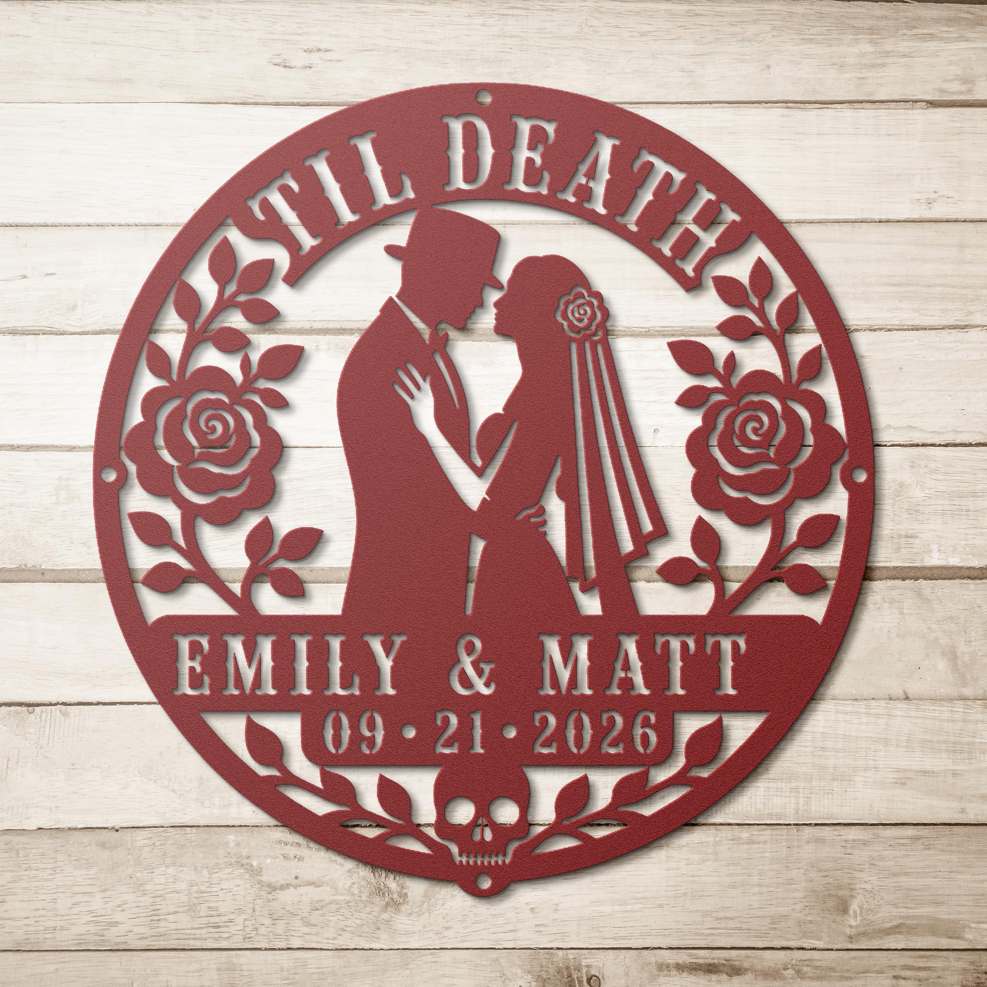 Gothic metal wall decor with til death couple design and custom names displayed above a rustic console with candles and skull accents
