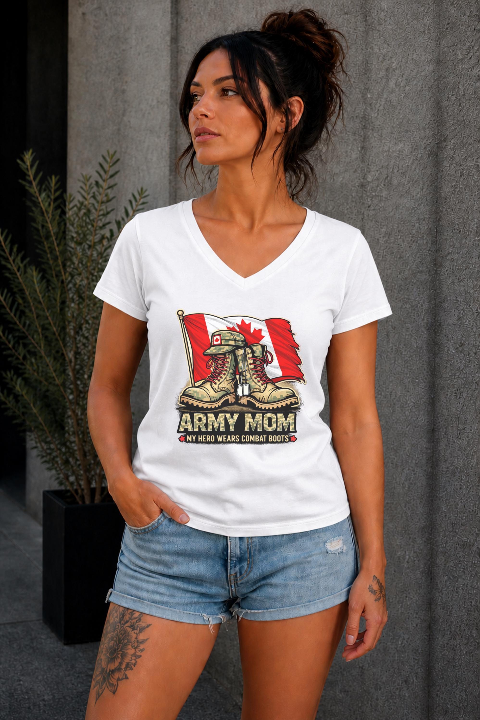 Army Mom graphic tee with military boots and Canada flag design worn outdoors, modern casual fashion look
