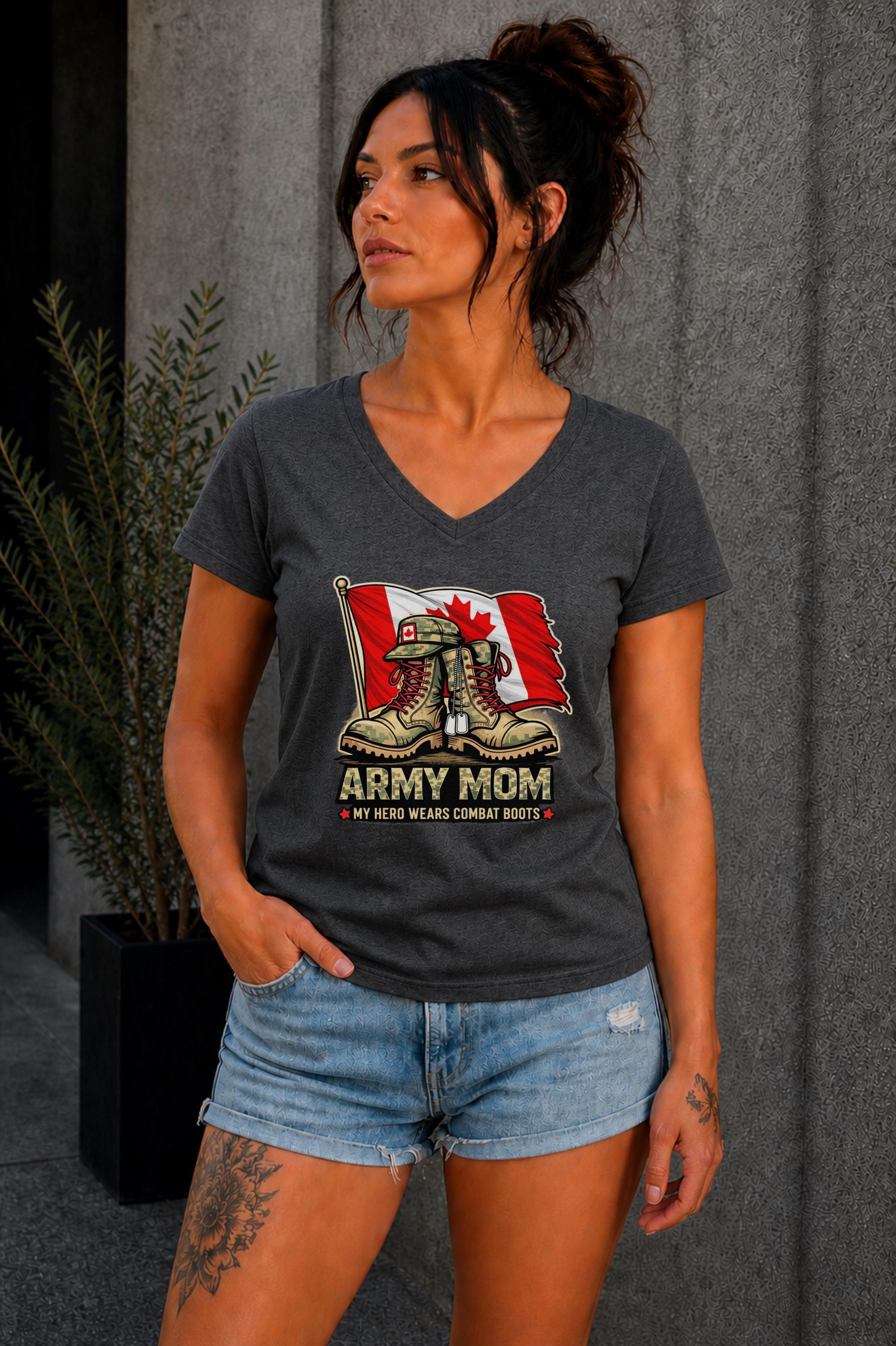 Army Mom graphic tee with military boots and Canada flag design worn outdoors, modern casual fashion look