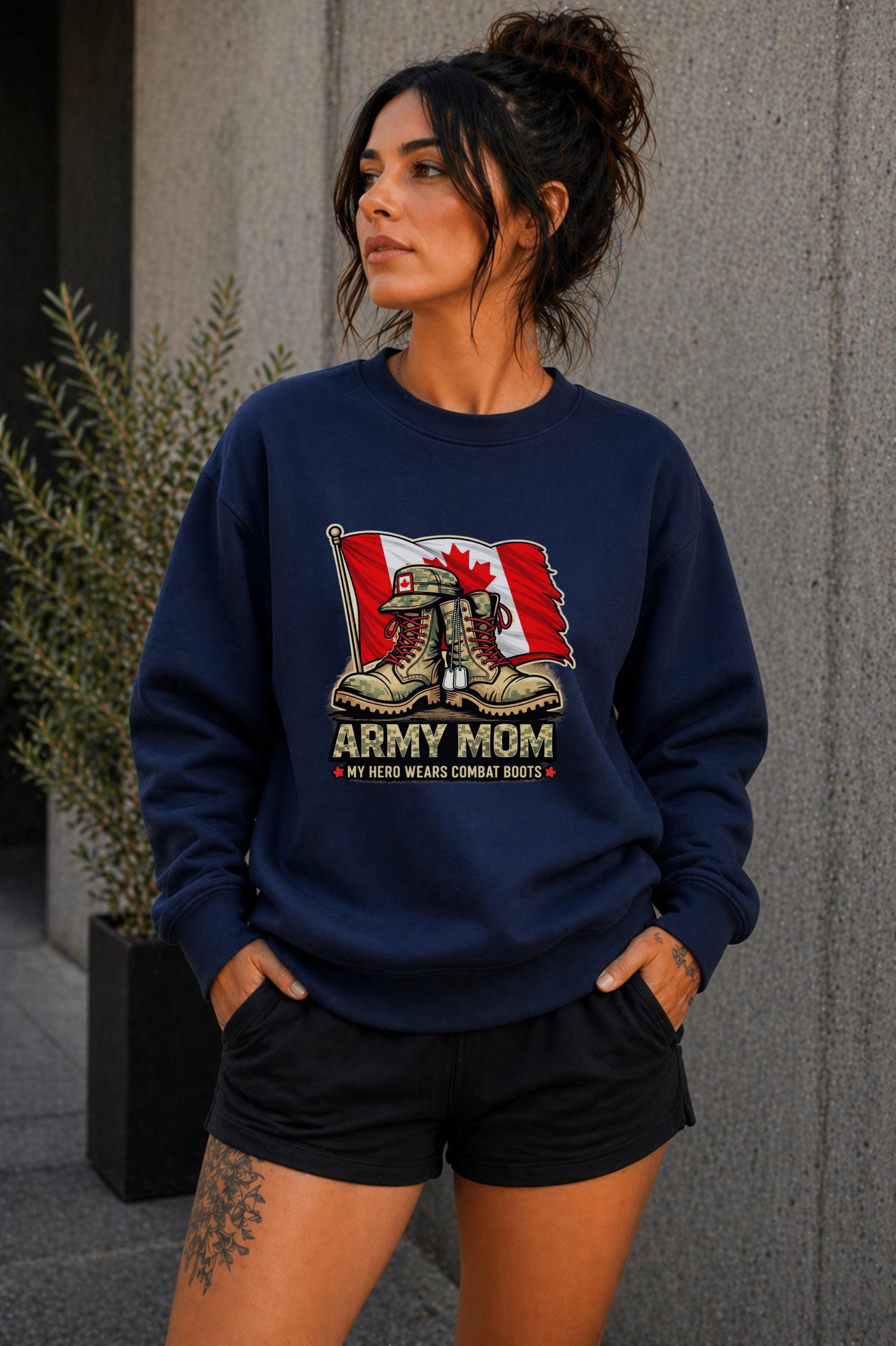 Woman wearing black crewneck sweatshirt with Army Mom design featuring combat boots and Canadian flag, patriotic military mom sweater, casual fall outfit