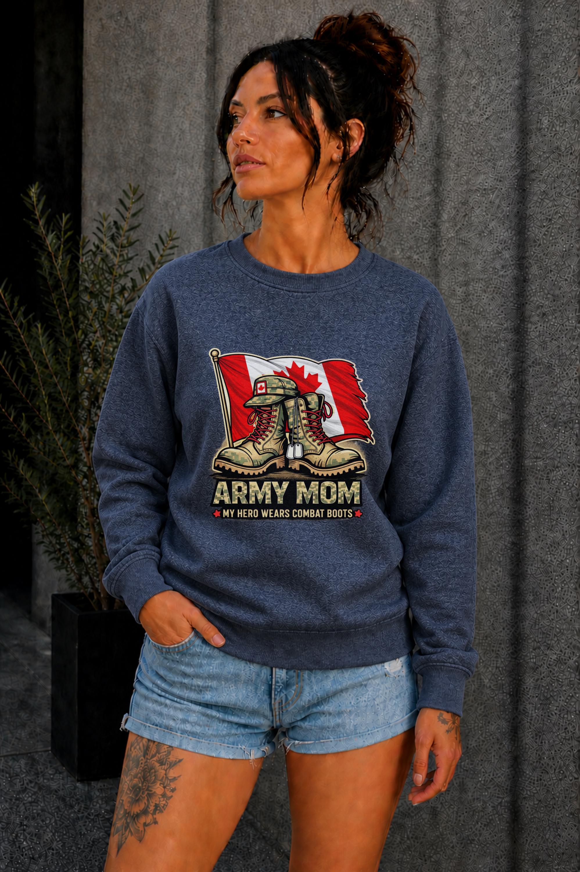 Woman wearing black crewneck sweatshirt with Army Mom design featuring combat boots and Canadian flag, patriotic military mom sweater, casual fall outfit