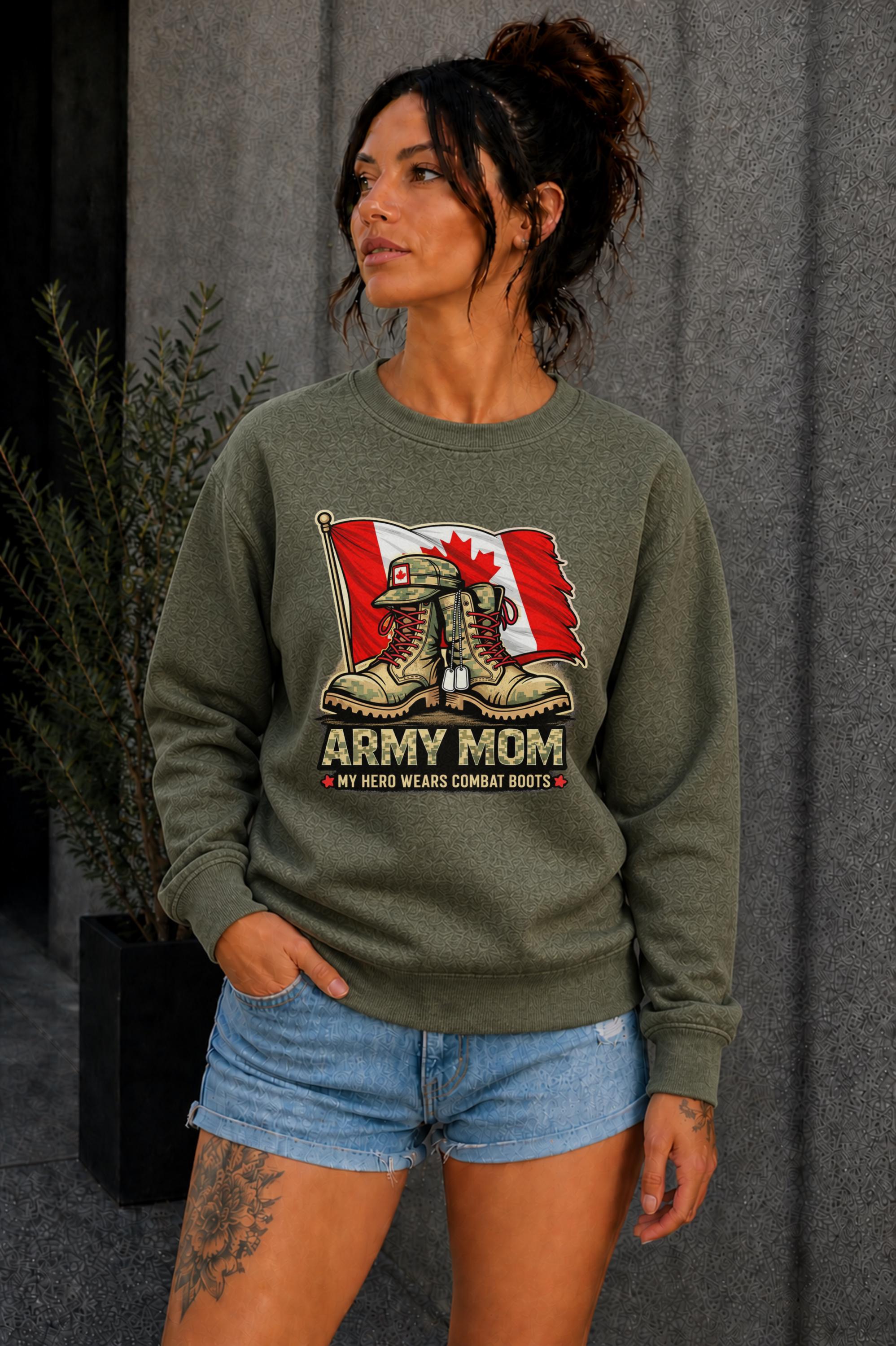 Woman wearing black crewneck sweatshirt with Army Mom design featuring combat boots and Canadian flag, patriotic military mom sweater, casual fall outfit