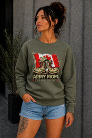 Woman wearing black crewneck sweatshirt with Army Mom design featuring combat boots and Canadian flag, patriotic military mom sweater, casual fall outfit