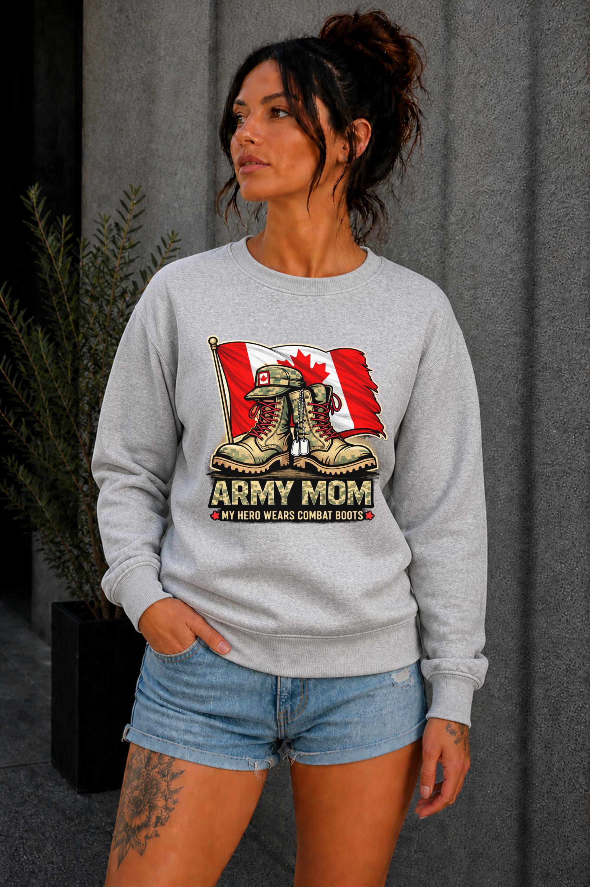 Woman wearing black crewneck sweatshirt with Army Mom design featuring combat boots and Canadian flag, patriotic military mom sweater, casual fall outfit