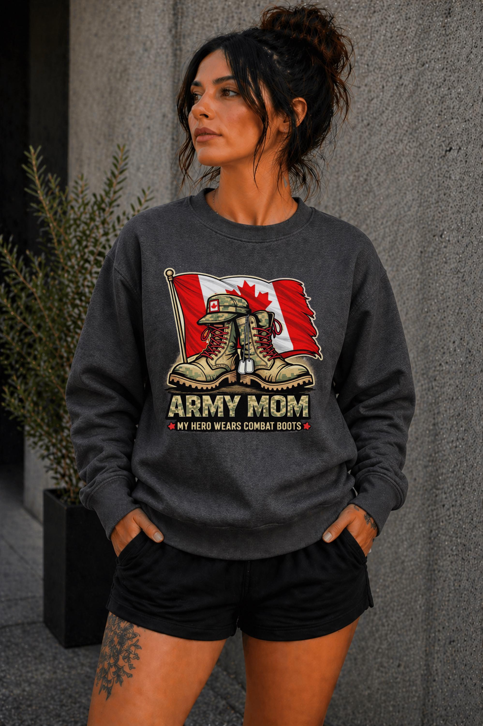 Woman wearing black crewneck sweatshirt with Army Mom design featuring combat boots and Canadian flag, patriotic military mom sweater, casual fall outfit