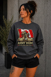 Woman wearing black crewneck sweatshirt with Army Mom design featuring combat boots and Canadian flag, patriotic military mom sweater, casual fall outfit