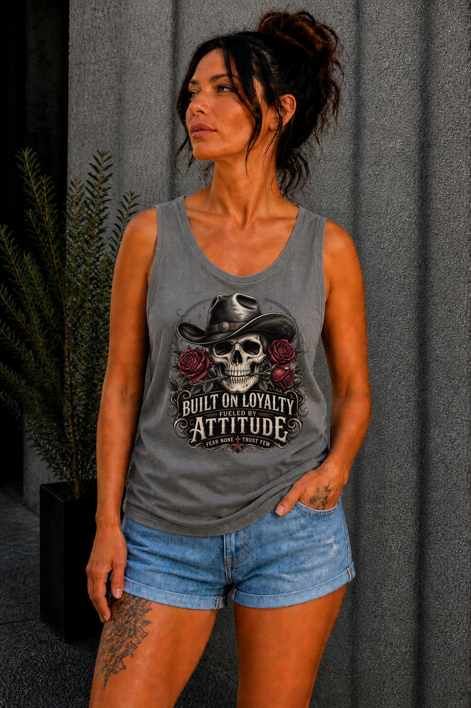 Tank-Top featuring cowboy skull with hat and red roses, Built on Loyalty Fueled by Attitude graphic, styled with edgy casual outfit