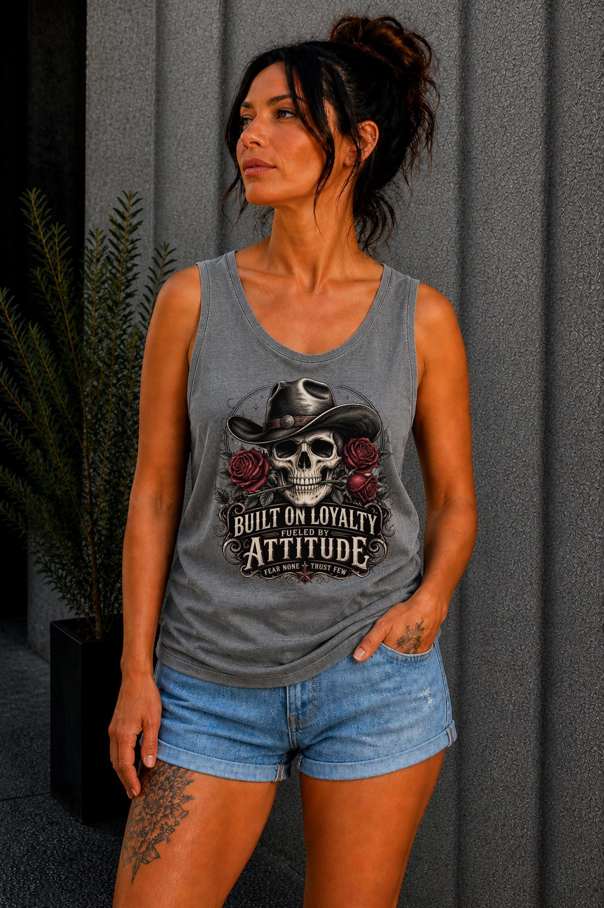 Tank-Top featuring cowboy skull with hat and red roses, Built on Loyalty Fueled by Attitude graphic, styled with edgy casual outfit