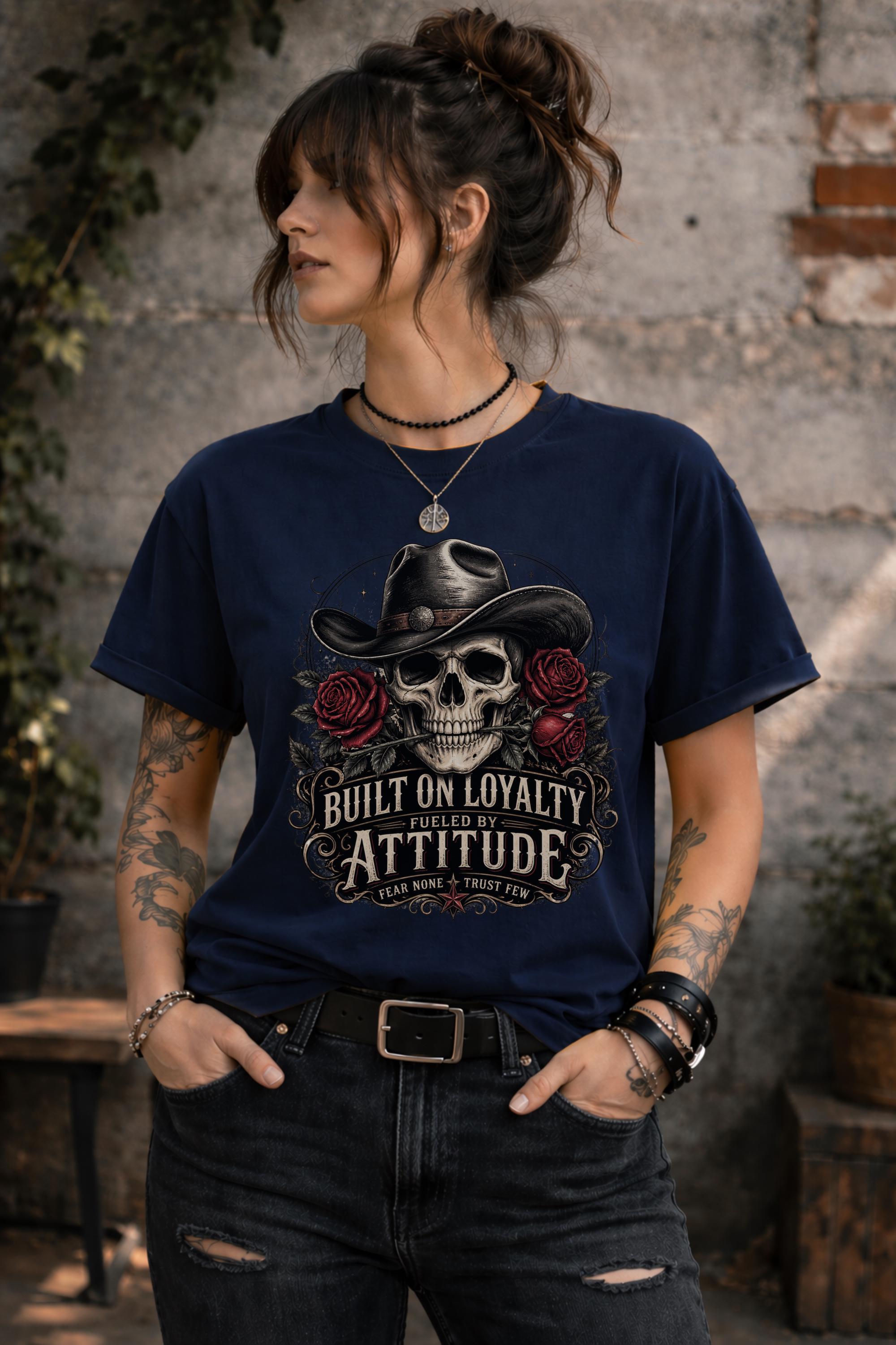 T-Shirt featuring cowboy skull with hat and red roses, Built on Loyalty Fueled by Attitude graphic, styled with edgy casual outfit