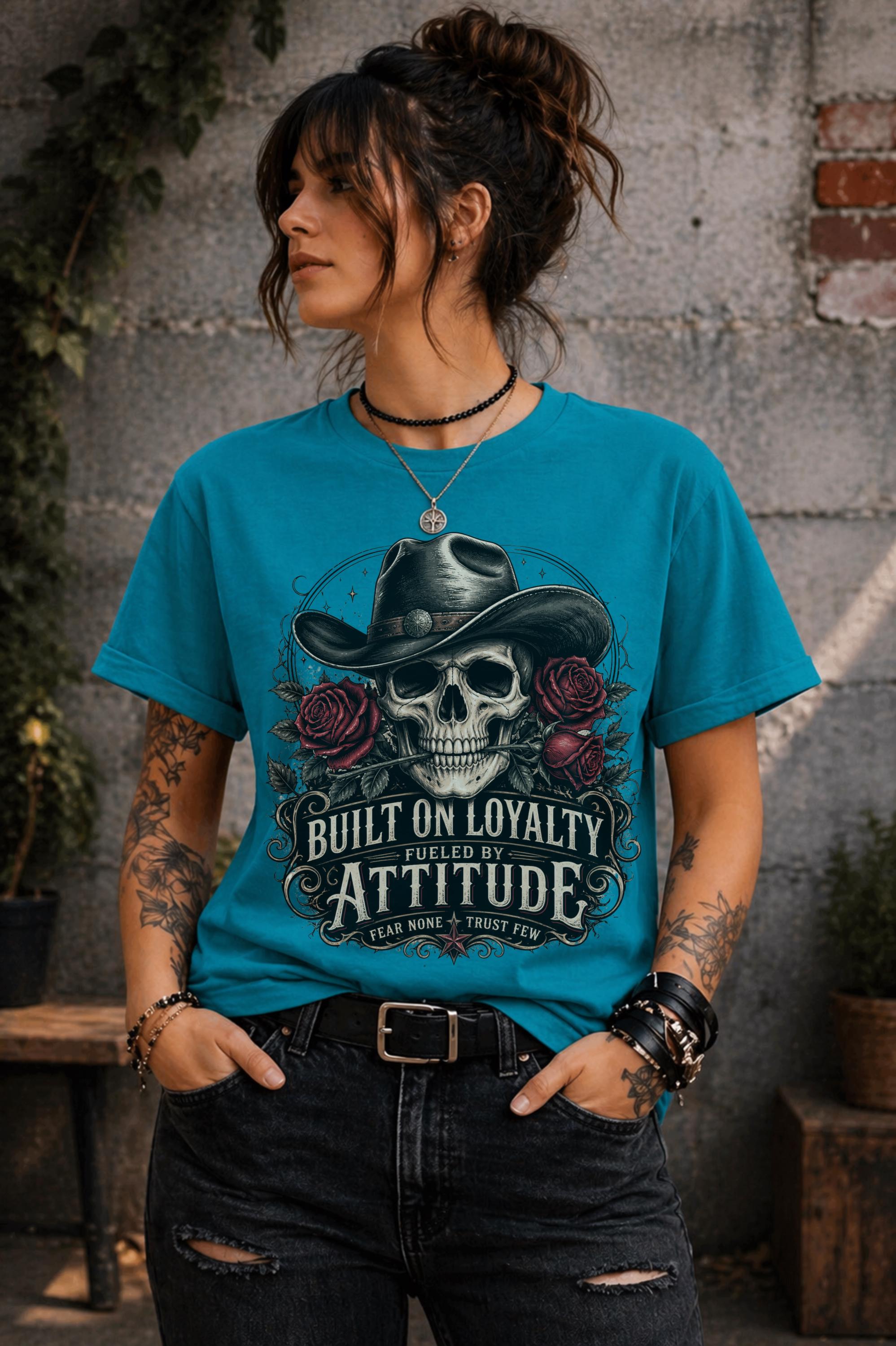 Cowboy Skull Shirt Built on Loyalty Fueled by Attitude Western Graphic Tee Gothic Biker Shirt Dark Aesthetic Outfit Gift for Her