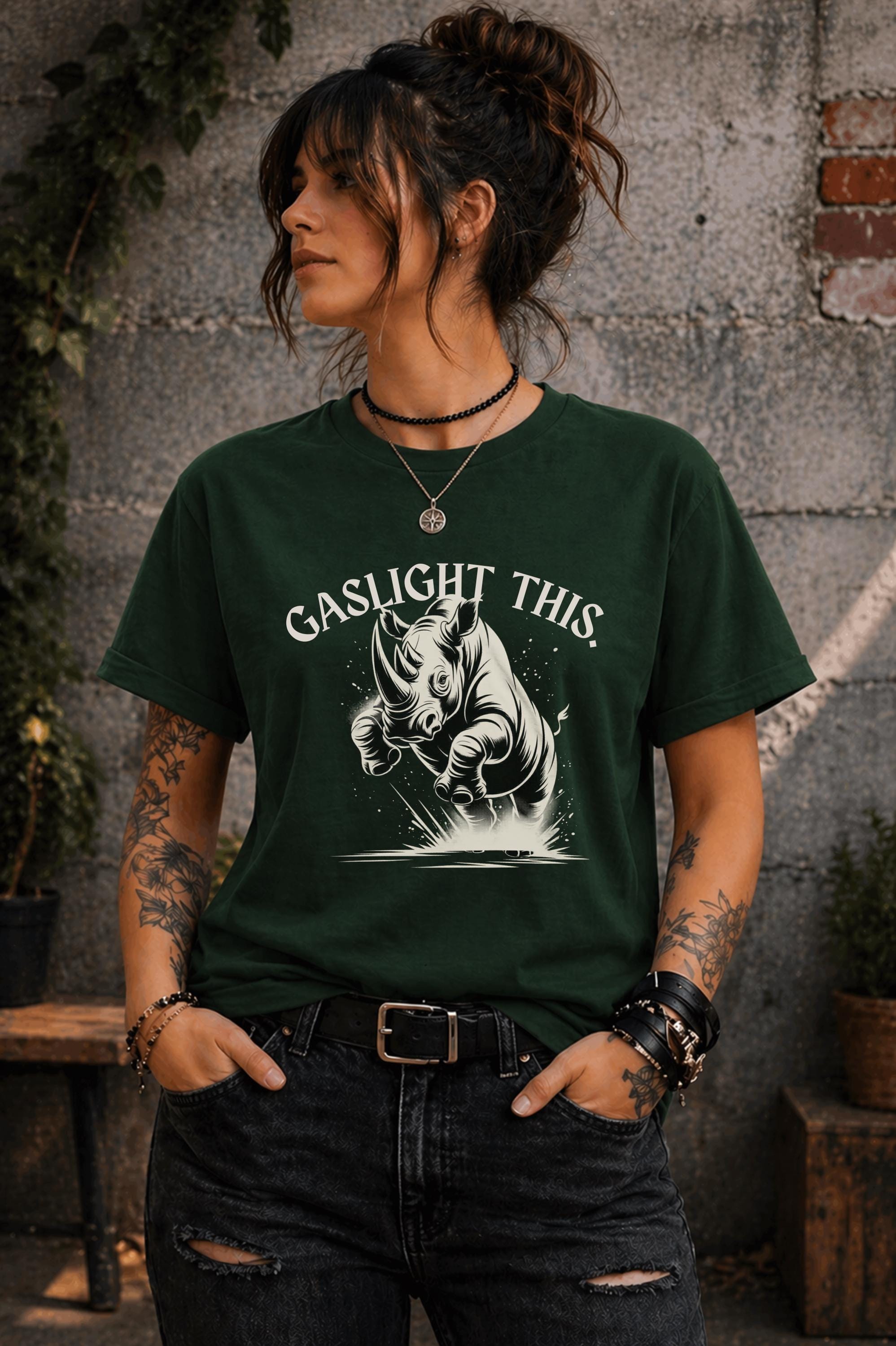 Edgy woman model in ripped jeans wearing funny gaslight this slogan shirt lifestyle mockup