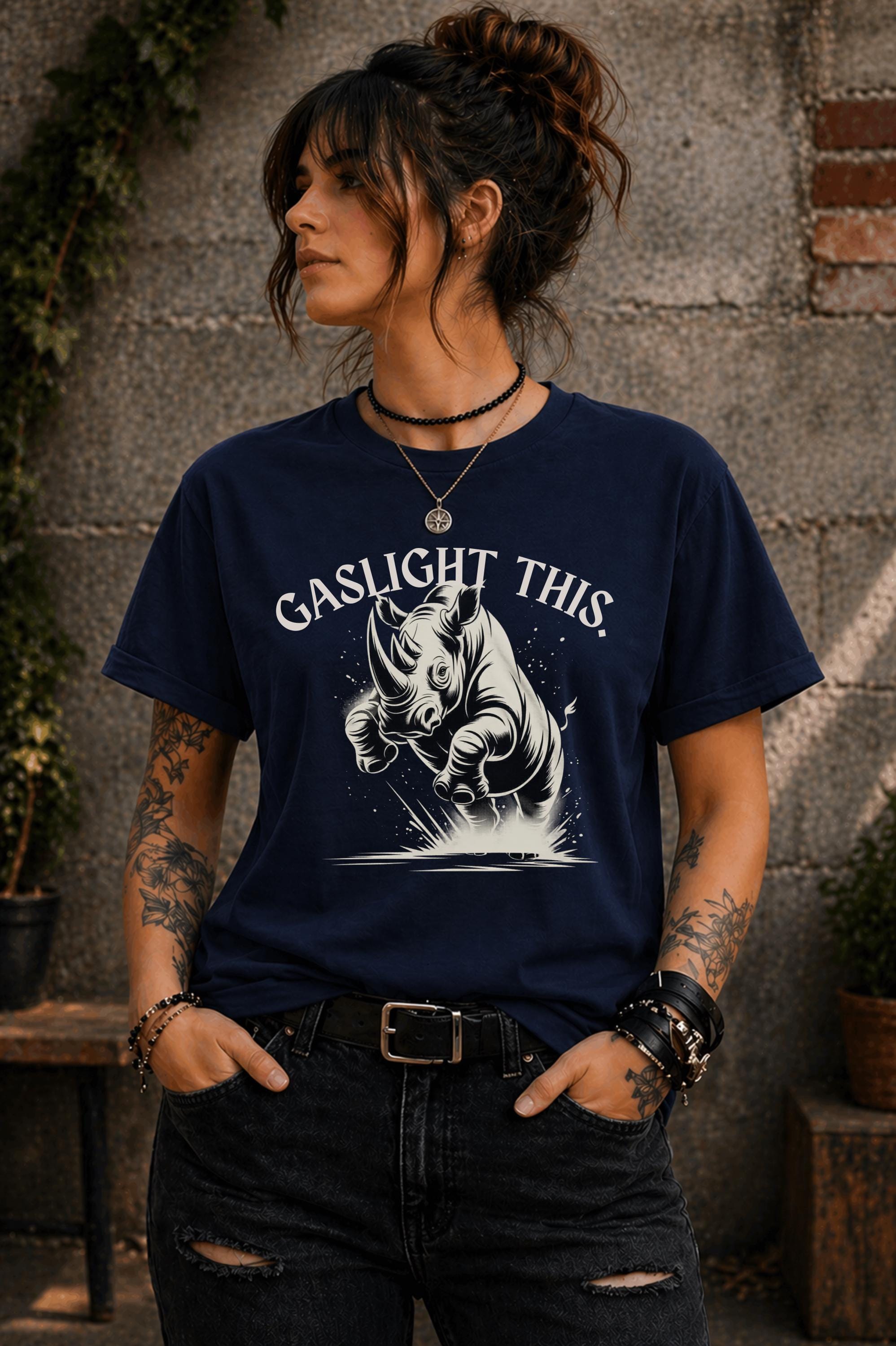 Edgy woman model in ripped jeans wearing funny gaslight this slogan shirt lifestyle mockup