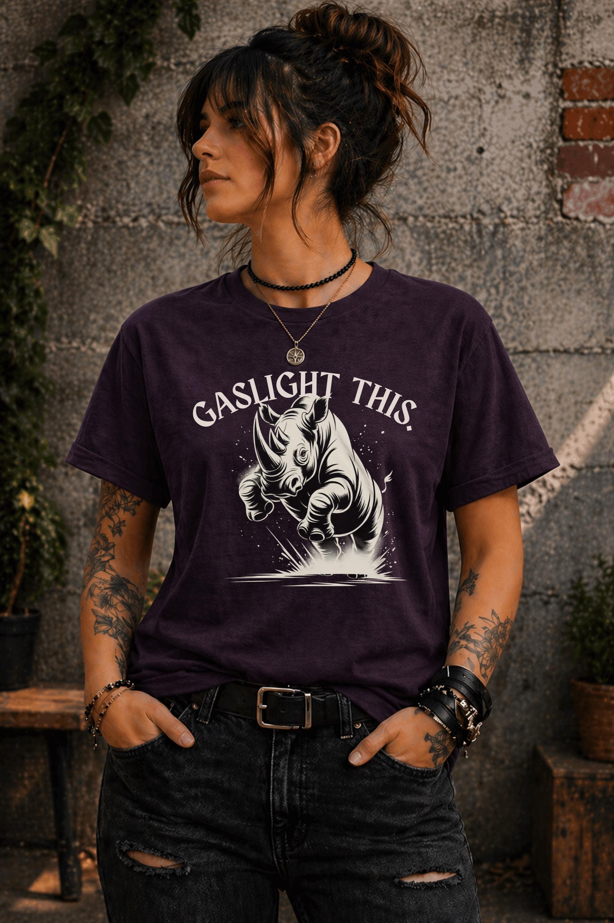 Edgy woman model in ripped jeans wearing funny gaslight this slogan shirt lifestyle mockup