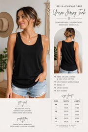 Black unisex tank top Bella Canvas 3480 front and back view with sizing chart and product features lightweight cotton
