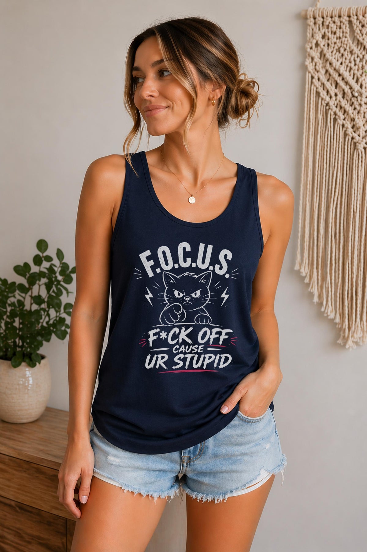 Trendy rude humor Tank Top with bold white print and cat artwork on dark shirt