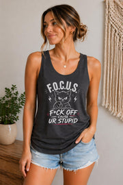 Trendy rude humor Tank Top with bold white print and cat artwork on dark shirt